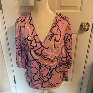 Tanya Taylor 100% Silk Pink and Black Wrap Blouse with Cuffed Sleeves